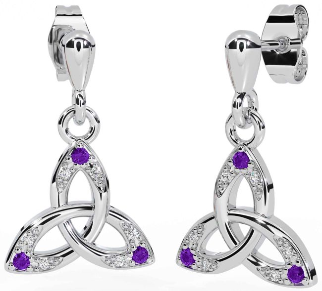 Diamond Amethyst Silver Celtic Trinity Knot Dangle Earrings