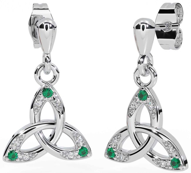 Diamond Emerald White Gold Celtic Trinity Knot Dangle Earrings