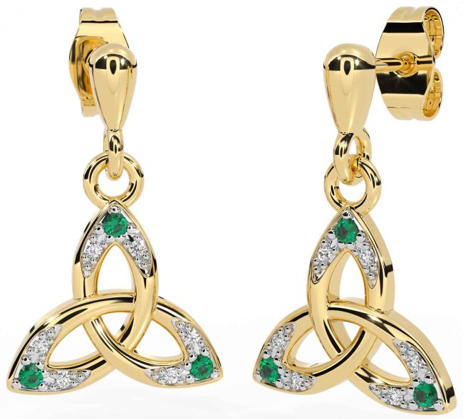 Diamond Emerald Gold Celtic Trinity Knot Dangle Earrings