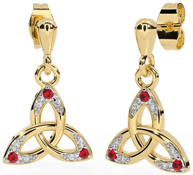 Diamond Ruby Gold Celtic Trinity Knot Dangle Earrings