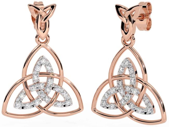 Diamond Rose Gold Silver Celtic Trinity Knot Dangle Earrings