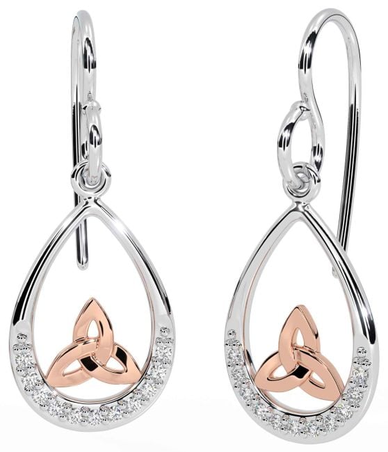 Diamond Rose Gold Silver Celtic Trinity Knot Dangle Earrings