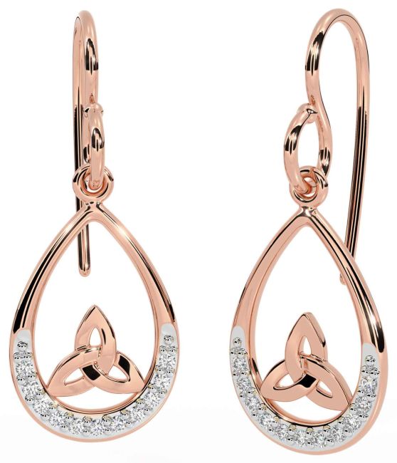 Diamond Rose Gold Silver Celtic Trinity Knot Dangle Earrings