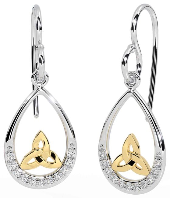 Diamond White Yellow Gold Celtic Trinity Knot Dangle Earrings