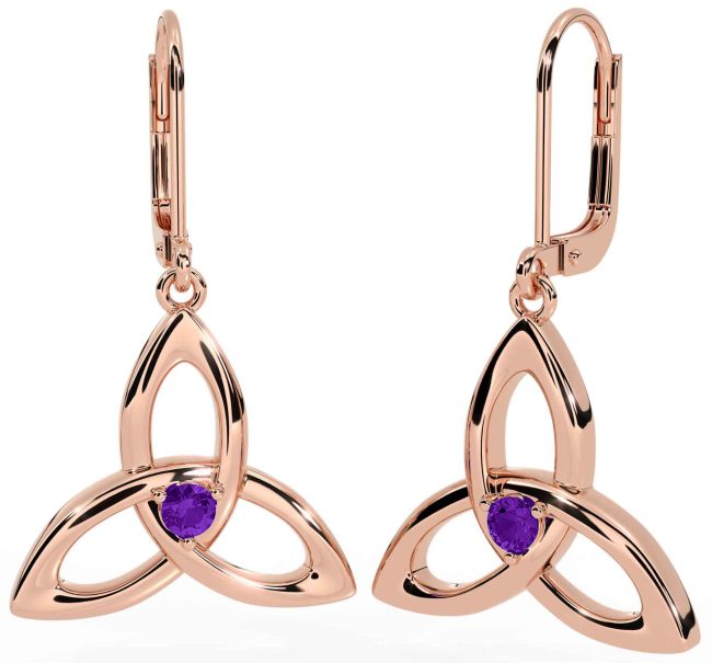 Amethyst Rose Gold Silver Celtic Trinity Knot Dangle Earrings