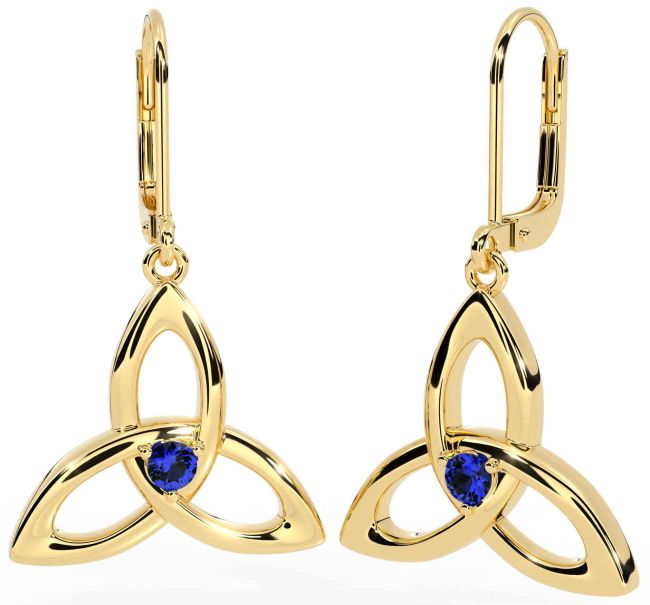 Sapphire Gold Silver Celtic Trinity Knot Dangle Earrings