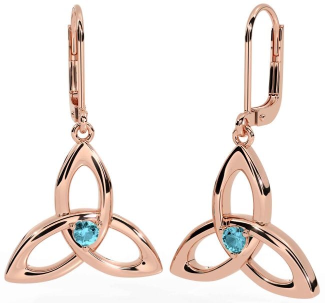 Aquamarine Rose Gold Celtic Trinity Knot Dangle Earrings