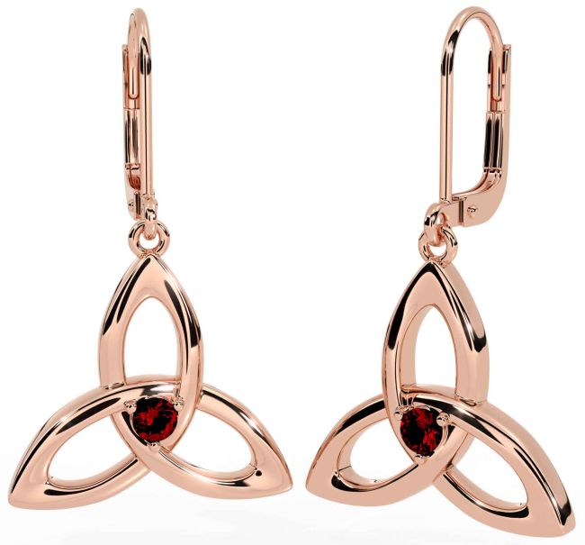 Garnet Rose Gold Celtic Trinity Knot Dangle Earrings