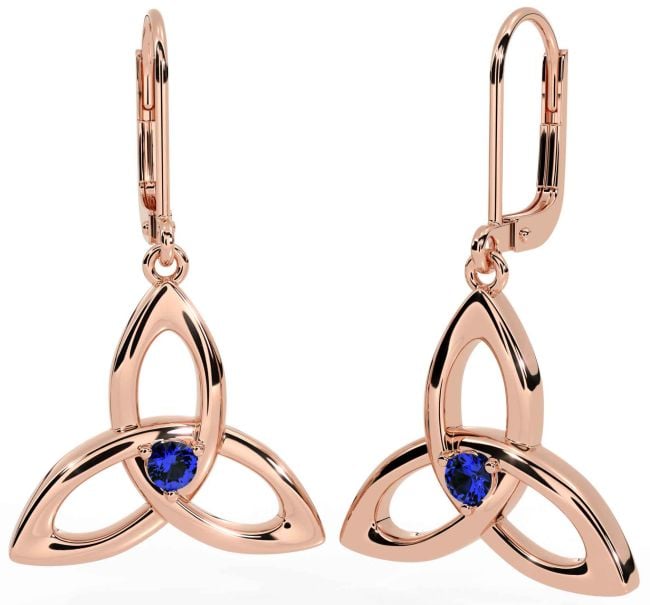 Sapphire Rose Gold Celtic Trinity Knot Dangle Earrings