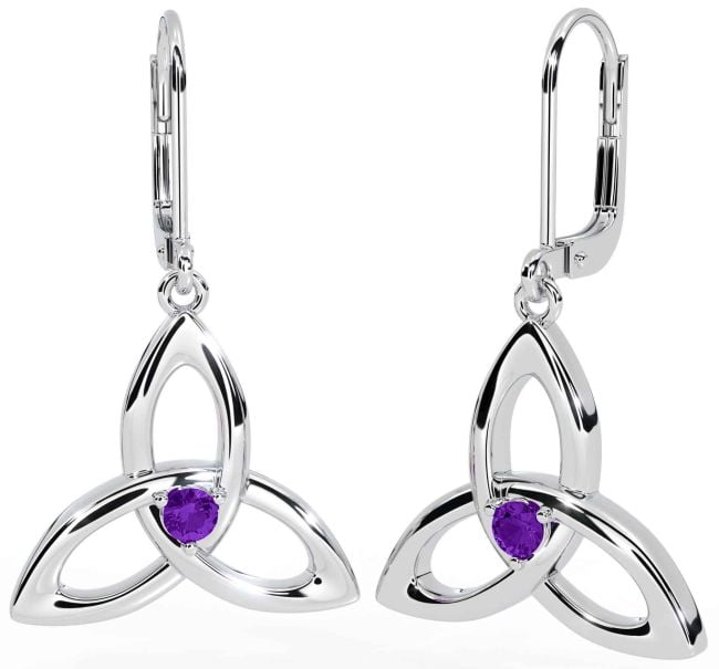 Amethyst Silver Celtic Trinity Knot Dangle Earrings