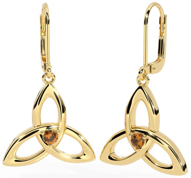 Citrine Gold Celtic Trinity Knot Dangle Earrings