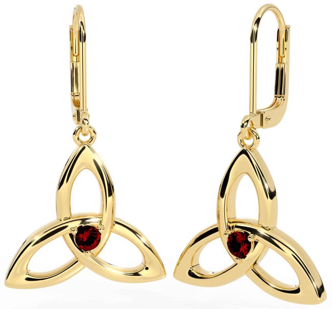 Garnet Gold Celtic Trinity Knot Dangle Earrings