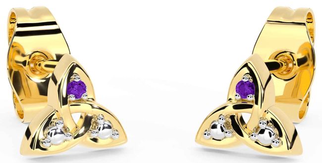 Amethyst Gold Silver Celtic Trinity Knot Stud Earrings