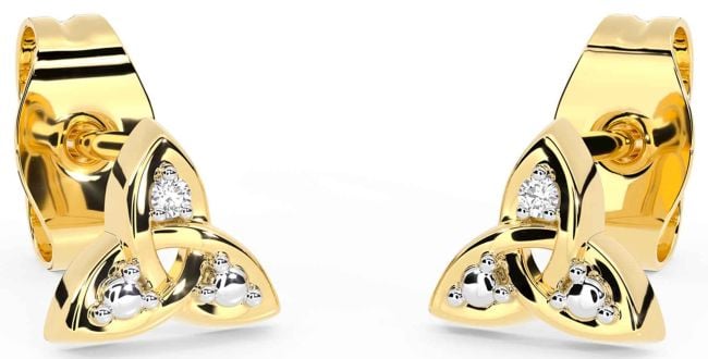 Diamond Gold Silver Celtic Trinity Knot Stud Earrings