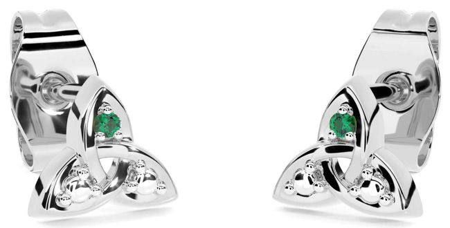 Emerald Silver Celtic Trinity Knot Stud Earrings