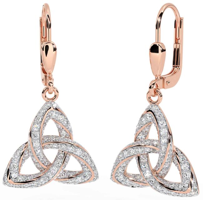 Diamond Rose Gold Silver Celtic Trinity Knot Dangle Earrings