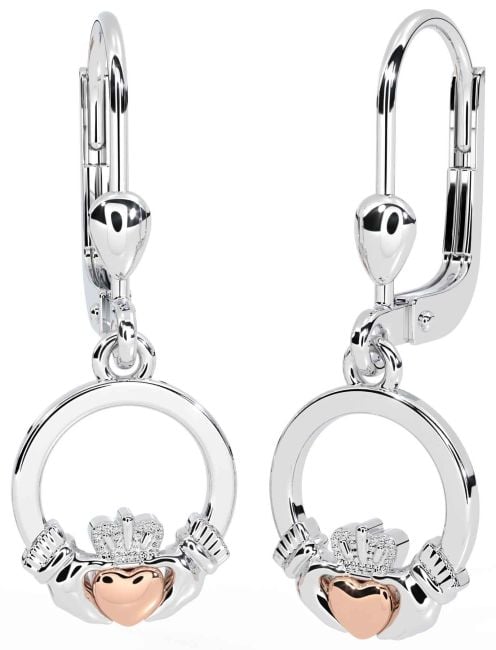 White Rose Gold Claddagh Dangle Earrings