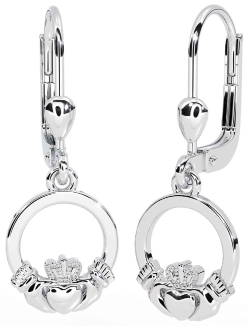 White Gold Claddagh Dangle Earrings