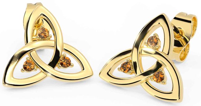 Citrine Gold Silver Celtic Trinity Knot Stud Earrings