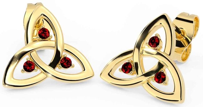 Garnet Gold Silver Celtic Trinity Knot Stud Earrings