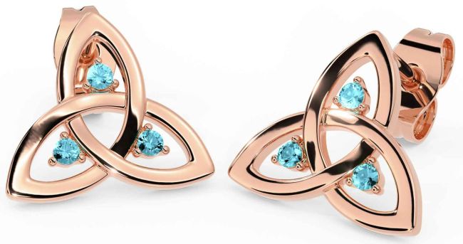 Aquamarine Rose Gold Celtic Trinity Knot Stud Earrings