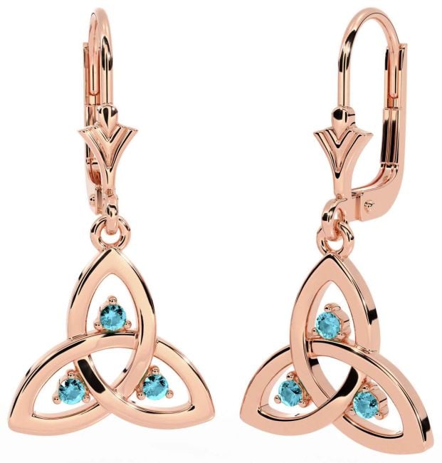 Aquamarine Rose Gold Silver Celtic Trinity Knot Dangle Earrings