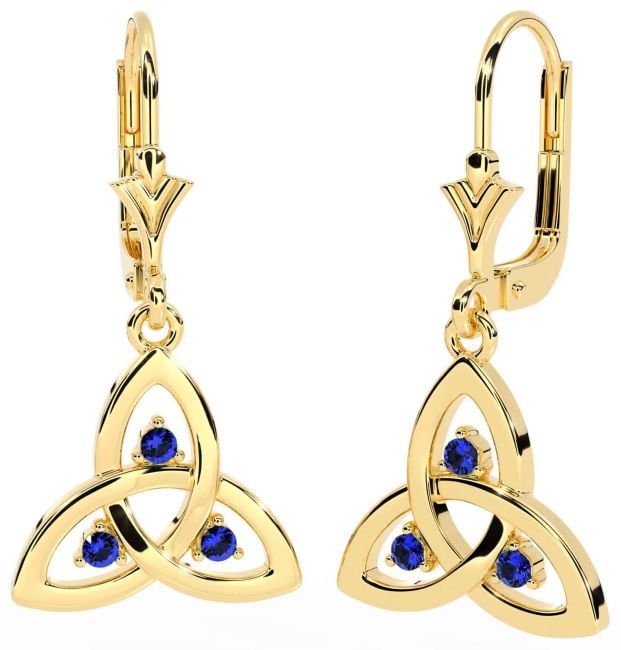 Sapphire Gold Silver Celtic Trinity Knot Dangle Earrings