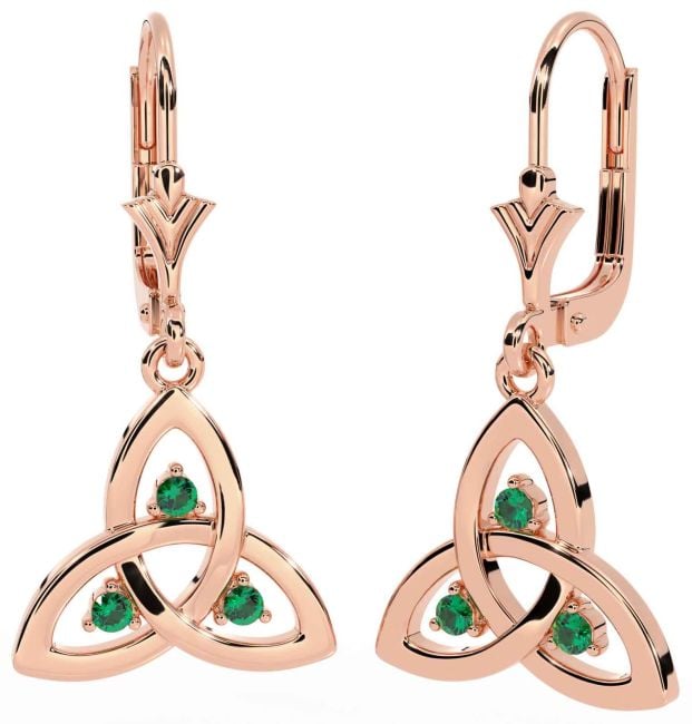 Emerald Rose Gold Celtic Trinity Knot Dangle Earrings