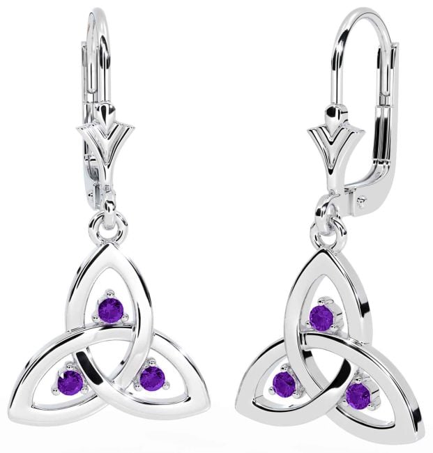 Amethyst Silver Celtic Trinity Knot Dangle Earrings