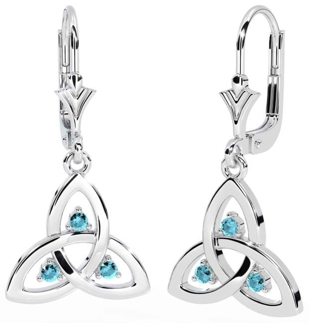 Aquamarine Silver Celtic Trinity Knot Dangle Earrings