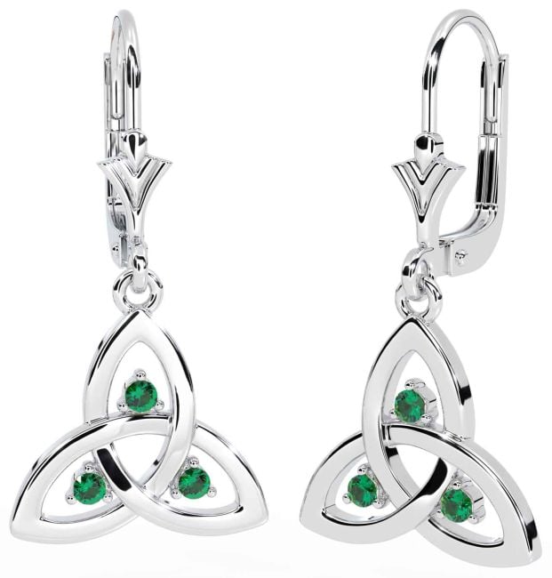 Emerald Silver Celtic Trinity Knot Dangle Earrings