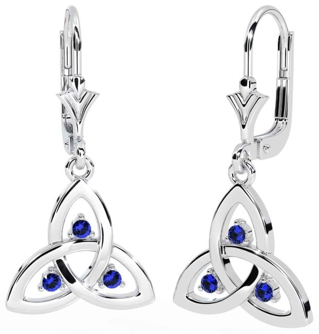 Sapphire Silver Celtic Trinity Knot Dangle Earrings