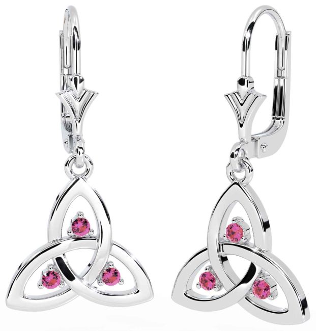 Pink Tourmaline White Gold Celtic Trinity Knot Dangle Earrings