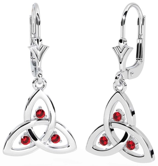 Ruby White Gold Celtic Trinity Knot Dangle Earrings