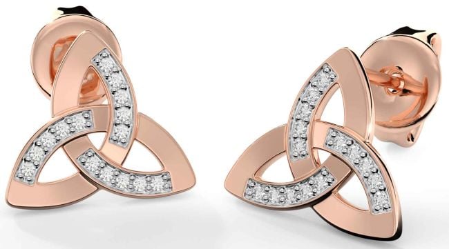 Diamond Rose Gold Silver Celtic Trinity Knot Stud Earrings