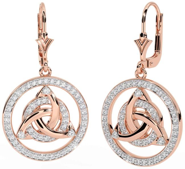 Diamond Rose Gold Silver Celtic Trinity Knot Dangle Earrings