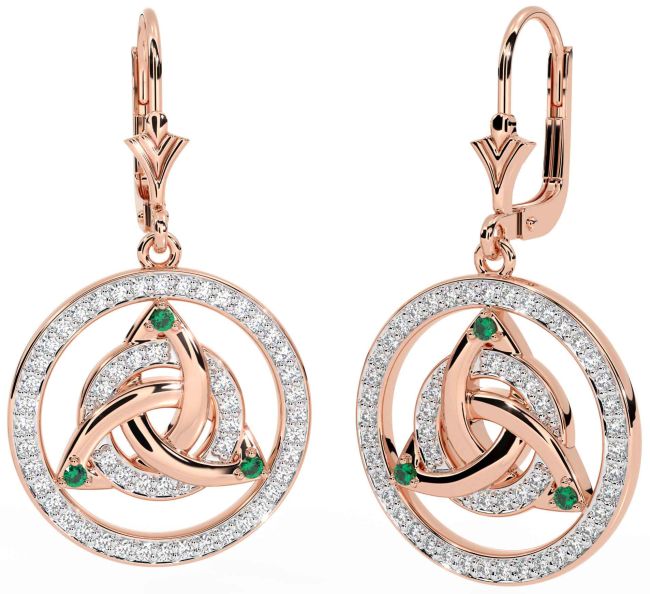 Diamond Emerald Rose Gold Silver Celtic Trinity Knot Dangle Earrings