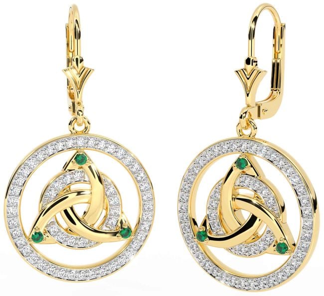 Diamond Emerald Gold Silver Celtic Trinity Knot Dangle Earrings