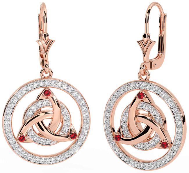 Diamond Ruby Rose Gold Celtic Trinity Knot Dangle Earrings