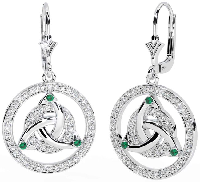 Diamond Emerald Silver Celtic Trinity Knot Dangle Earrings