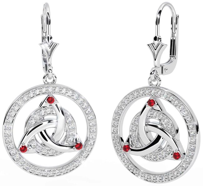 Diamond Ruby Silver Celtic Trinity Knot Dangle Earrings