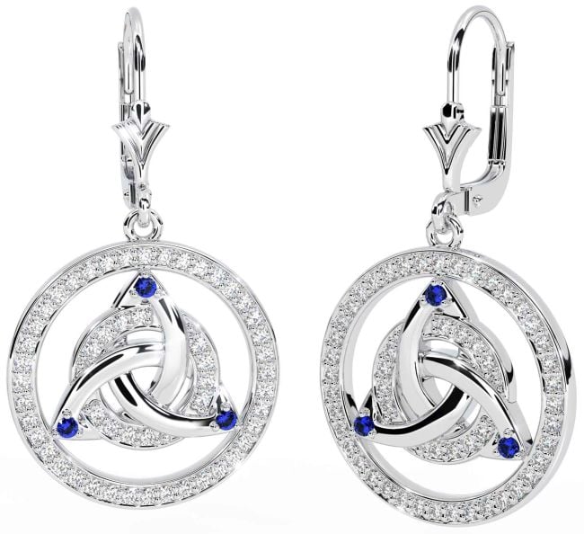 Diamond Sapphire Silver Celtic Trinity Knot Dangle Earrings