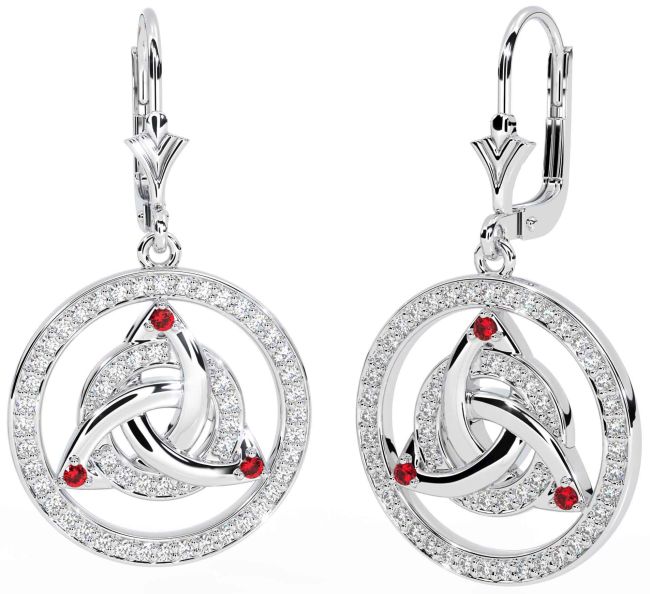 Diamond Ruby White Gold Celtic Trinity Knot Dangle Earrings