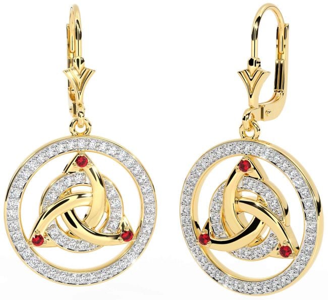 Diamond Ruby Gold Celtic Trinity Knot Dangle Earrings