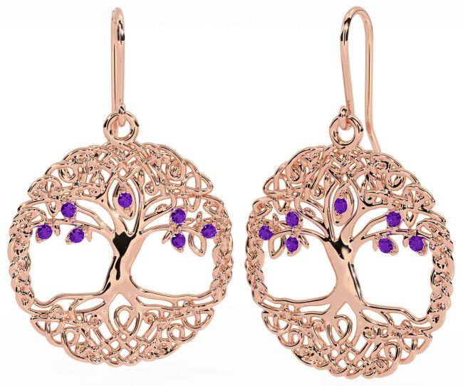 Amethyst Rose Gold Silver Celtic Tree of Life Dangle Earrings