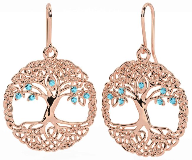 Aquamarine Rose Gold Silver Celtic Tree of Life Dangle Earrings