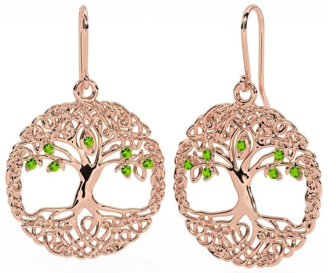 Peridot Rose Gold Silver Celtic Tree of Life Dangle Earrings