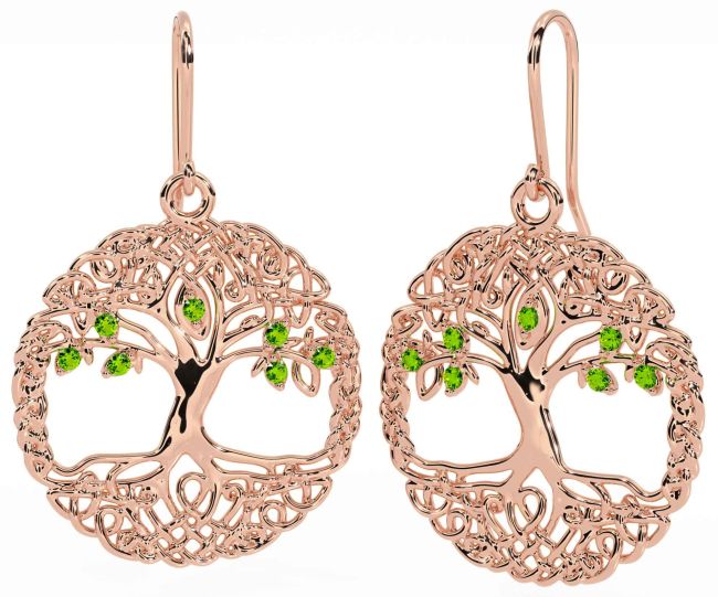 Peridot Rose Gold Celtic Tree of Life Dangle Earrings