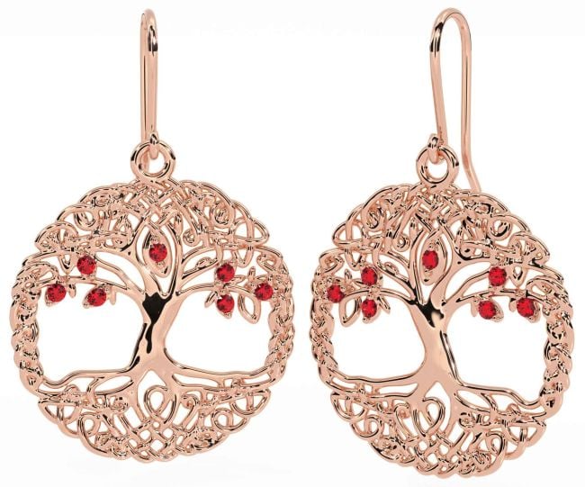 Ruby Rose Gold Celtic Tree of Life Dangle Earrings