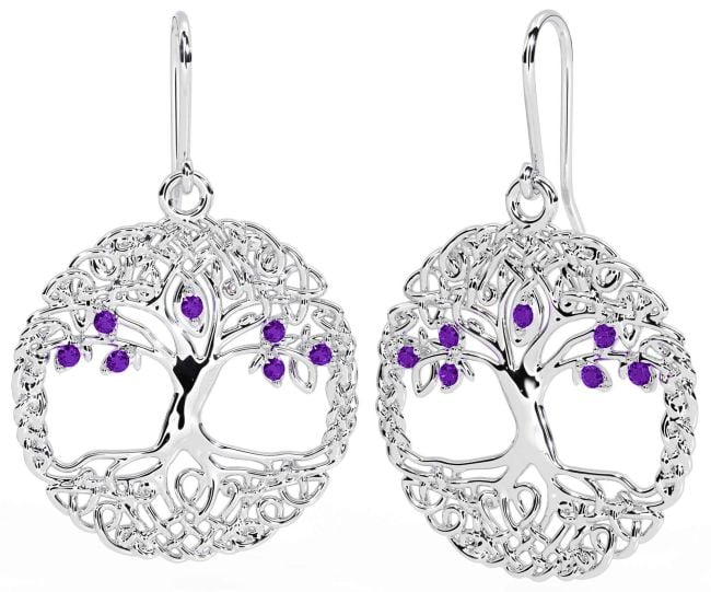 Amethyst Silver Celtic Tree of Life Dangle Earrings